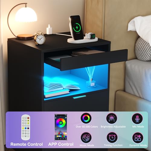 Gadroad Night Stand, LED Nightstand with Charging Station, Wood Bedside Table, End Table Sofa Couch Side Table with Pull-Out Shelf, Black - color: Black