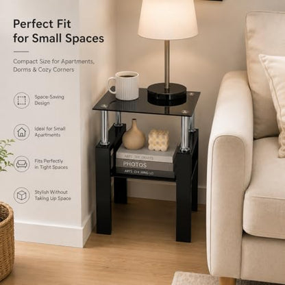 Meihua Tempered Glass End Table, Black Modern Square Side Table with Metal Frame, 2-Tier Glass Accent Table for Living Room, Bedroom, Apartment & Small Spaces - color: Black, size: 1pc