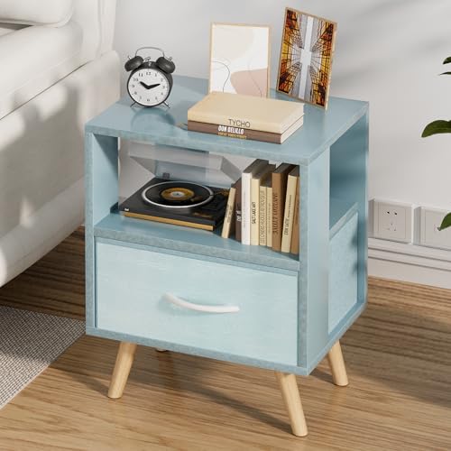 Aenuert Night Stand, Blue Kids Nightstand with Drawer, Nursery Side Table with Open Storage, 2-Tier Modern End Table, Bedside Table for Small Space, Living Room, Bedroom - color: Blue, size: 2-Tier