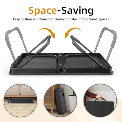 BUYIFY 23.4" Foldable Lap Desk Bed Table with Cup Holder Portable Tray | Folds Flat for Easy Storage, No Assembly Laptop Bed Desk, Sturdy and Lightweight, Patent Design, Deep Black - color: Deep Black