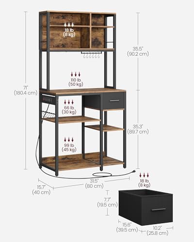 VASAGLE Bakers Rack with Charging Station, Coffee Bar, 15.7 x 31.5 x 71 Inches, Kitchen Microwave Stand, Adjustable Storage Shelves, Fabric Drawer, 12 Hooks, Rustic Brown and Ink Black UKKS015K01 - color: Rustic Brown + Ink Black, size: 15.7"D x 31.5"W