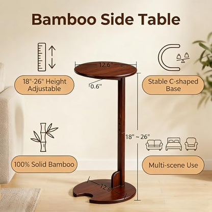 Bamboo Side Table for Sofa - Adjustable Height C Shaped End Tables for Small Spaces, Couch, Bedside, Living Room, 12.6x12.6x26 Inch TV Tray Round Stand for Drink, Snack, Coffee (Chestnut) - color: Chestnut