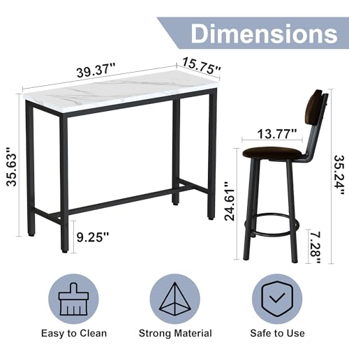 AWQM 3 Piece Bar Table Set of 2,39.3" Pub Bar Table and Chairs Set,Faux Marble Bar Height Table with 2 Backrest Stools,Small Dining Table for 2,Kitchen Table Set for Small Space,White & Brown - color: White & Black & Brown