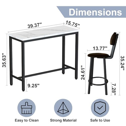 AWQM 3 Piece Bar Table Set of 2,39.3" Pub Bar Table and Chairs Set,Faux Marble Bar Height Table with 2 Backrest Stools,Small Dining Table for 2,Kitchen Table Set for Small Space,White & Brown - color: White & Black & Brown