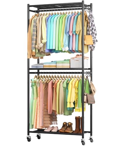 Sakugi Clothes Rack - 33.0" x 12.2" x 79.5" Clothing Rack with Shelves & Wheels, Multi-Functional Wardrobe Closet with Hooks, Sturdy Metal Garment Rack for Bedroom, Laundry, Balcony (Black) - color: Black, size: Large