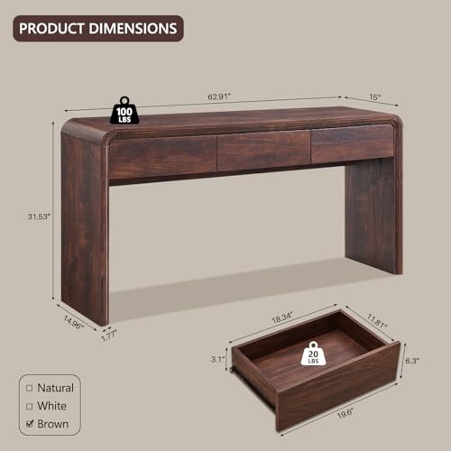 Aitjunz 63'' Console Table with 3 Drawers, Modern Entryway Table with Curved Profile Design, Narrow Long Wood Sofa Table Behind Couch Table for Living Room, Hallway, Foyer, Brown - color: Brown