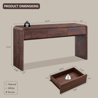 Aitjunz 63'' Console Table with 3 Drawers, Modern Entryway Table with Curved Profile Design, Narrow Long Wood Sofa Table Behind Couch Table for Living Room, Hallway, Foyer, Brown - color: Brown