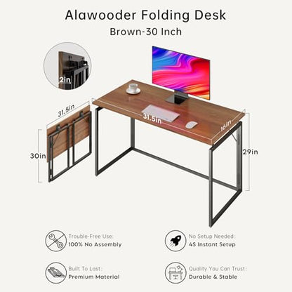 31.5" Folding Desk: No Assembly, Wood Top for Small Spaces | Home office desk, holds 150 lbs, folds flat to 2.3 in, splash-proof wood top, sturdy metal frame - color: Brown, size: 31.5"W x 15.7"D