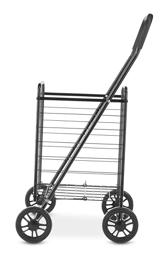 Whitmor Foldable Utility Shopping Cart with Wheels, Heavy Duty Metal Grocery Cart, Portable Foam Handle, Rolling Collapsible Trolley for Groceries, Laundry, Storage, Black - size: 19.5"L x 18.5"W x 34.5"H, Black