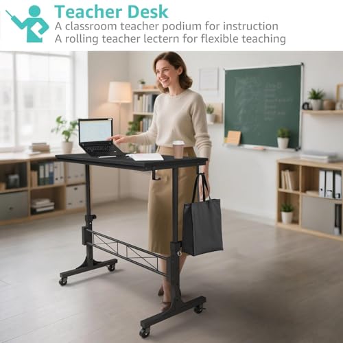 WINAZ Small Portable Rolling Standing Desk - 32 Inch Adjustable Height Mobile Teacher Podium on Wheels for Classroom, Stand Up Desks for Treadmill Walking Pad, Couch Sofa Side Laptop Table, Black - color: Black