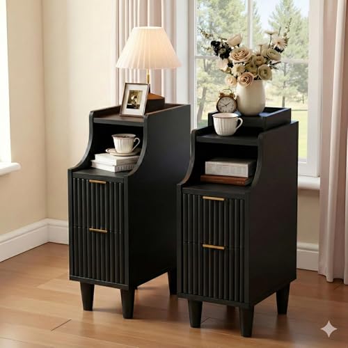7.9" Narrow Fluted Nightstand Set of 2,Slim Side End Table with 2 Drawers,Black Modern Bedside Table,Skinny Night Stand for Small/Compact Space, Motorhome (Black) - color: Black