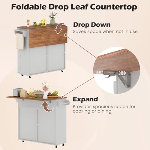 Giantex Kitchen Island Cart with Hidden Tilt Out Trash Can Cabinet, Drop Leaf, 2 Drawers, Towel Rack, Rolling Mobile Breakfast Bar Table, Wood Kitchen Storage Cart on Wheels (Grey & Natural) - color: Grey