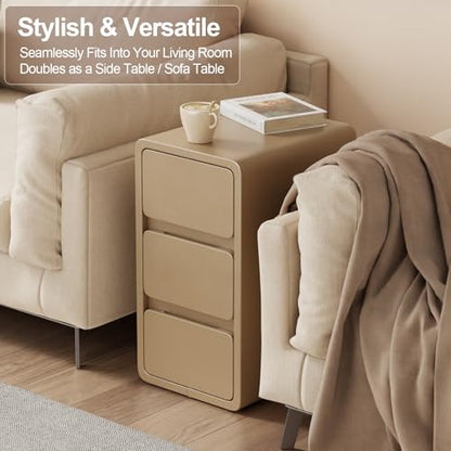 AQIMUELE Narrow Bedside Table,Narrow Night Stand with Drawers,Small Night Stand with Leather Surface for Bedroom - color: Beige (3 Drawers), size: 11.8"W