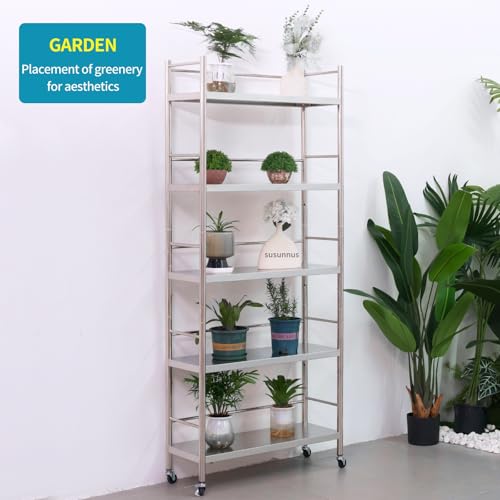 susunnus Stainless Steel Shelf,Shelves for Storage,Metal Kitchen,Garage Shelf,with Wheels,Rolling Shelves,Adjustable Height,Weight Capacity 440LB(27.6in*10.2in-5Twith guardrails) - size: 27.6in*10.2in-5T