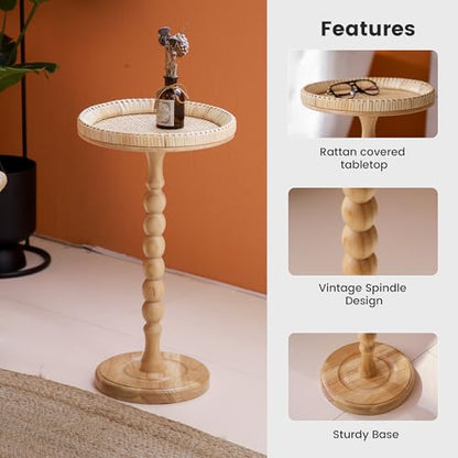Drink Table，Rattan Round Small Side Table for Small Spaces, Boho Circle End Table Coffee Table with Solid Wood Leg for Living Room, Pedestal Table for Bedroom, Corners - size: High: 21.4", style: Bohemian