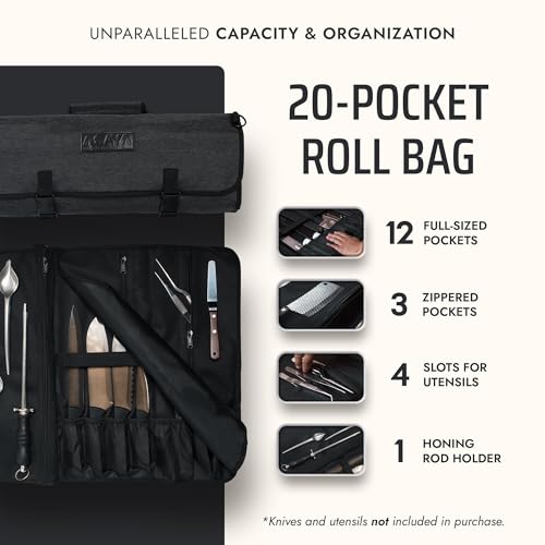 Asaya Waxed Nylon Chef Knife Roll Bag with 20 Slots and Zippered Pockets - Professional Chef Knife Bag & Storage Case, Tool Carrier with Shoulder Strap - Knives Not Included (Black) - color: Black