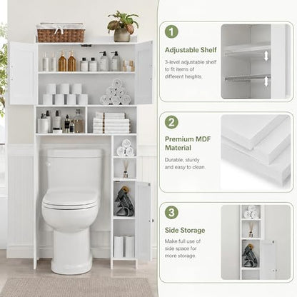 Homhedy Wooden Over The Toilet Storage Cabinet with Barn Door | Freestanding Bathroom Storage, Toilet Paper Holder, Adjustable Shelf,Space-Saving, Farmhouse Style, White - color: White