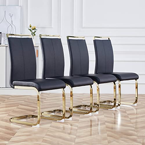 Baysitone Modern Dining Chairs Set of 4, Side Dining Room Chairs with Golden Legs, Kitchen Chairs with Faux Leather Padded Seat High Back for Dining, Kitchen, Living Room, Black - color: Black With Gold Leg, size: Set of 4