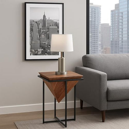 The Urban Port 26 Inch Pyramid Shape Wooden Side Table | Brown Finish, Cross Black Metal Base, Modern Accent End Table, For Living Room, Bedroom, Entryway, Lounge, Home Decor Display - size: 26-Inch