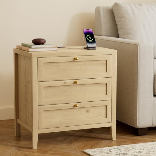 3 Drawer Nightstand Set of 2, Farmhouse Large Bedside End Table with Charging Station, Mid Century Wood Night Stand for Sofa, Bedroom, Light Oak - color: Light Oak, size: 2 PCS (3 Drawers)