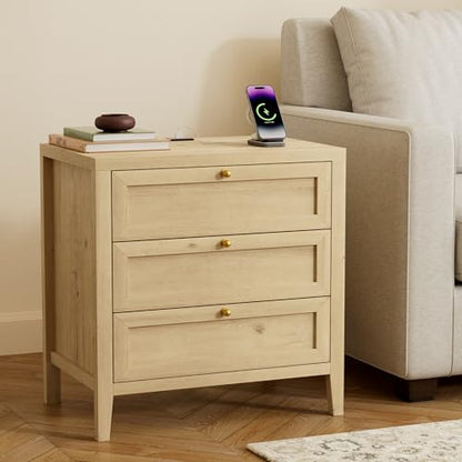 3 Drawer Nightstand Set of 2, Farmhouse Large Bedside End Table with Charging Station, Mid Century Wood Night Stand for Sofa, Bedroom, Light Oak - color: Light Oak, size: 2 PCS (3 Drawers)