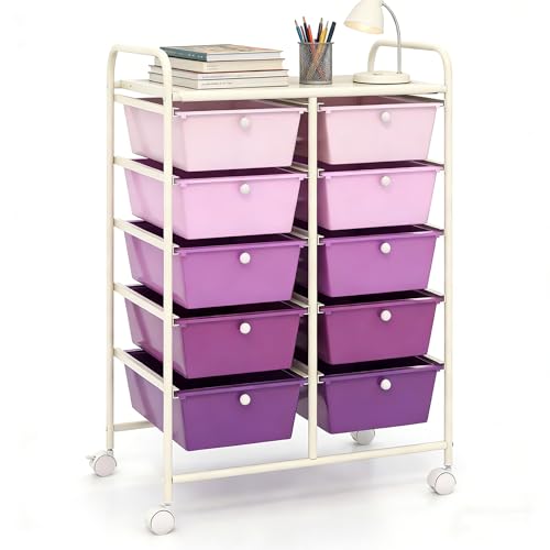 COSTWAY 10 Drawer Rolling Storage Cart, Utility Cart with Lockable Wheels | Mobile Art Supply Craft Organizer with Metal Frame, Multipurpose Drawer Cart for Paper for Office, School, Purple Gradient - color: Purple Gradient, size: 10 Drawer