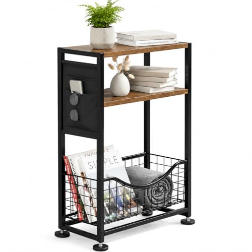Skinny Side Table with Storage, 3 Tier Slim Side Tables for Small Spaces, Skinny End Table Narrow Bedside Table Narrow Side Table for Living Room, Bedroom - color: Rustic Brown
