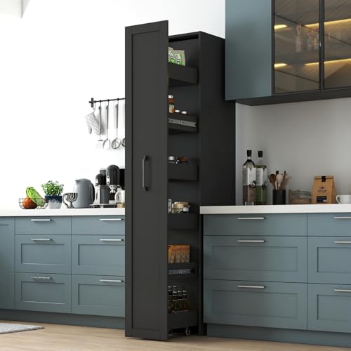 KEIKI Pull-Out Kitchen Pantry Storage Cabinet with Multi-Tier Shelf & Wheels, Spice Rack Next to Fridge, Freestanding Wood Cabinet Hutch Food Pantries Cupboard for Dining Room, Narrow Spaces - color: Black, size: 11.81"W x 15.75"D