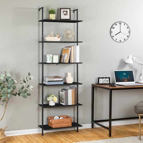 HOOBRO DIY Ladder Shelf, 6-Tier Wall Mounted Bookshelf, Office Vertical Bookcase, Wooden Storage Shelves for Home Office, Bedroom, Black BB65CJ01 - color: Black
