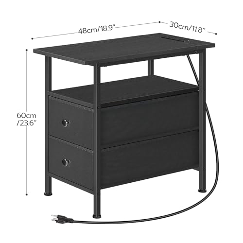 HOOBRO End Table with Charging Station, Narrow Side Table, Nightstand with 2 Non-Woven Drawers, Slim Sofa Side Table, for Small Spaces, Living Room, Bedroom, Black BB486UBZ01 - color: Black, size: 11.8"L x 18.9"W x 23.6"H