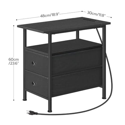 HOOBRO End Table with Charging Station, Narrow Side Table, Nightstand with 2 Non-Woven Drawers, Slim Sofa Side Table, for Small Spaces, Living Room, Bedroom, Black BB486UBZ01 - color: Black, size: 11.8"L x 18.9"W x 23.6"H