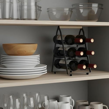 6 Bottle Wine Rack Countertop Black Metal Freestanding Wine Bottle Holder Stand Organizer for Kitchen, Cabinet, Pantry Storage, No Assembly Required