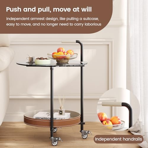 Guyii 2-Tier Sofa End Table with Storage Modern Sofa Side Table with Wheels Round Temper Glassed Coffee Table 360 Rotation Rolling Cart for Living Room Bedroom Office - color: Black