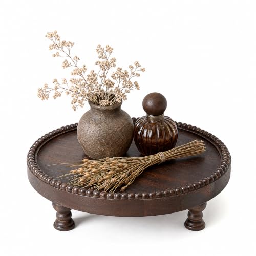 Dark Acacia Wood Round Display Riser with Beaded for Home Decor, Brown | Acacia Wood, Beaded Pedestal Tray, Vanity Organizer for Jewelry, Round Shape, Farmhouse Decor, Thoughtful Gift Choice - color: DarkAcacia