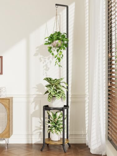 iDavosic.ly 2 Tier Hanging Plant Stand Indoor, Tall Vertical Corner Metal Flower Heavy Duty Pot Holder Shelf for Patio Porch Living Room, Modern Black & Rustic Brown - Round - color: Black with Hanging, size: 2 Tiers