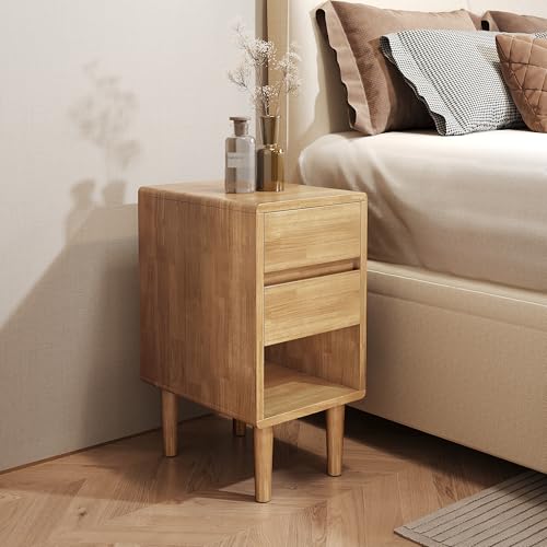 Nightstand 2 Drawers with Open Shelf Narrow Night Stand Solid Wood Bedside Table Mid Century Modern Nightstand Wooden End Table for Bedroom, Study, Office - color: Natural-2d, size: 15.75''×11.8''×23.62''