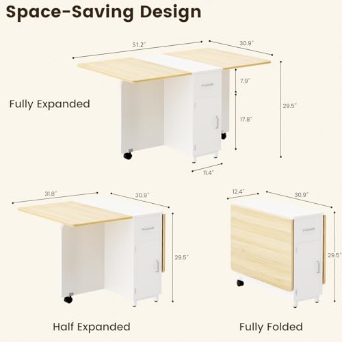 Folding Dining Table with Wheels, Space Saving Drop Leaf Kitchen Table with Storage Cabinet, Expandable Movable Furniture for Small Apartment, Natural - color: Natural