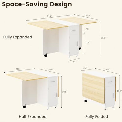 Folding Dining Table with Wheels, Space Saving Drop Leaf Kitchen Table with Storage Cabinet, Expandable Movable Furniture for Small Apartment, Natural - color: Natural