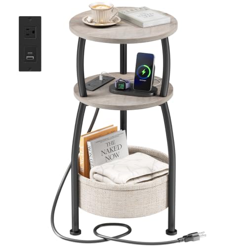 Small Side Table with Charging Station, Round End Table with Basket, USB Port and Outlet, 3 Tiers Sofa Couch Table Bedside Table for Living Room Bedroom, Small Spaces, 11.81in Greige - color: Greige, size: 11.81" Dia With Power Strip
