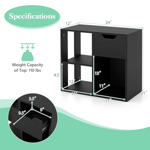 Giantex 3 Cube Bookcase with Drawer Set of 2, 2 Tier Bookshelf for Small Spaces, Modern Freestanding Display Rack with Open Shelves, Book Case, Wood Cube Storage Organizer Bedroom Living Room, Black - color: Black