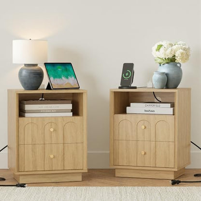FORTUNETEC Nightstand Set of 2 with Charging Station, Mid Century Modern Nightstand with Arched Design,Boho End Table with Wood Grain Texture, Bedside Table for Bedroom Living Room Sofa Office, Oak - color: Oak, style: set of 2