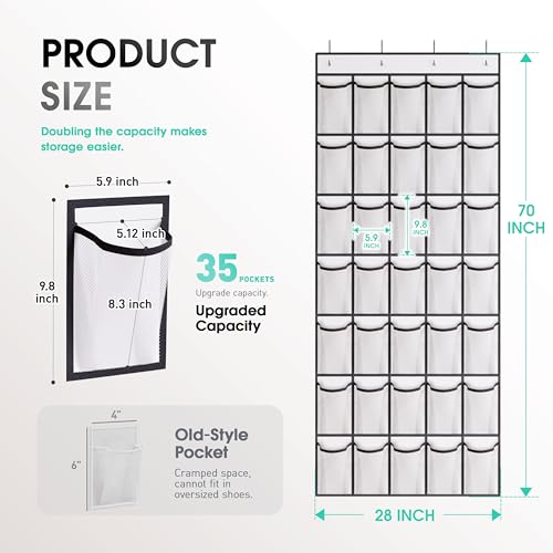 WVM Over the Door Shoe Organizer with 35 Breathable Mesh Pockets, Hanging Shoe Organizer for Door with 4 Metal Hooks, Large Capacity Closet Storage for Shoes, Accessories, White - style: White
