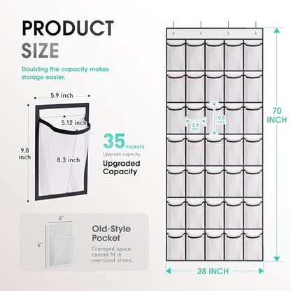 WVM Over the Door Shoe Organizer with 35 Breathable Mesh Pockets, Hanging Shoe Organizer for Door with 4 Metal Hooks, Large Capacity Closet Storage for Shoes, Accessories, White - style: White