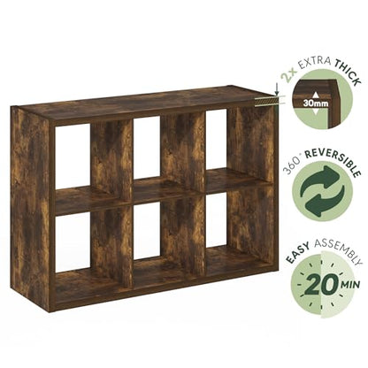 Furinno Cubicle 6-Cube Book Shelf, Extra Thick Frame Bookshelf, Amber Pine | 14.6" x 44" x 30", Horizontally & Vertically Reversible Bookcase with Open Back, for Living Room, Bedroom, Home Office
