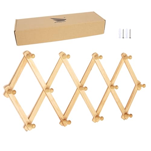 AMAPON Accordion Style Expandable Wall Wooden Coat Rack 13 Hooks (Pegs) Hang Hats Jackets Coffee Mug Purses Necklaces Towels Cap Leash Scarves Data Line Kitchenware - color: Natural, size: 1 Pack