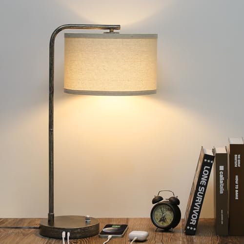 Seaside village Bedside Table Lamp with USB C+A Charging Ports, Fully Dimmable Industrial Tall Nightstand Reading Desk Lamp for Bedroom, Living Room, Office, 9W LED Bulb Included - color: Black with Brushed Gold