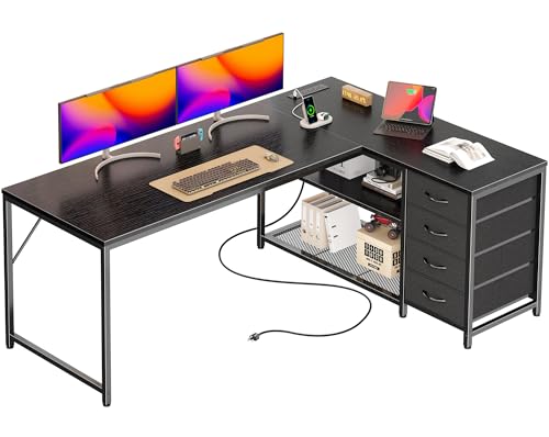 PRAISUN 53" L Shaped Desk with Power Outlets & USB-C Port, Reversible Computer Corner Office Desk with 4 Fabric Drawers and 2 Storage Shelves, Large Desk for Gaming Writing Work Study, Black - color: Black, size: 53 Inch