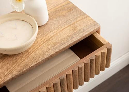 Kate and Laurel Reid Ribbed Wooden Tiered Floating Side Table, 18 x 10 x 9, Natural Wood, Modern Rectangular Mango Wood Floating Nightstand with Drawer for Bedroom Storage or Living Room End Table - color: Natural