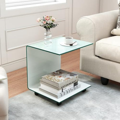 Tangkula Tempered Glass Side Table, Modern C-Shaped Bedside Table Nightstand with Storage Shelf, 4 Lockable Universal Wheels, Rolling Sofa End Table for Living Room Bedroom Office (1, White) - color: White