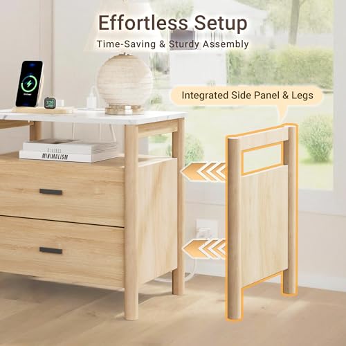 Night Stand Set 2, 23" Nightstands Set of 2, Modern Nightstand with Charging Station & Faux Marble Top, 2 Drawer End Table with Solid Round Post Legs, Bedside Table for Bedroom, Natural Oak - color: Natural Oak + Faux Marble Top, size: 24''W x 15.7'D x 24